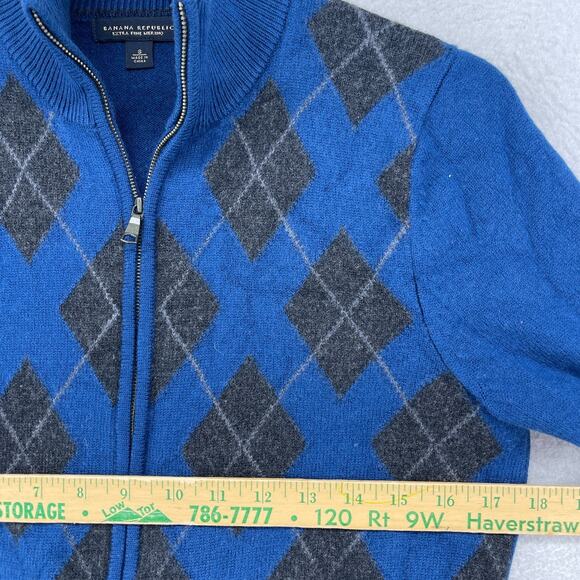BANANA REPUBLIC Sweater Mens S Cardigan Extra Fine Wool Argyle Full Zip Blue - Picture 11 of 13
